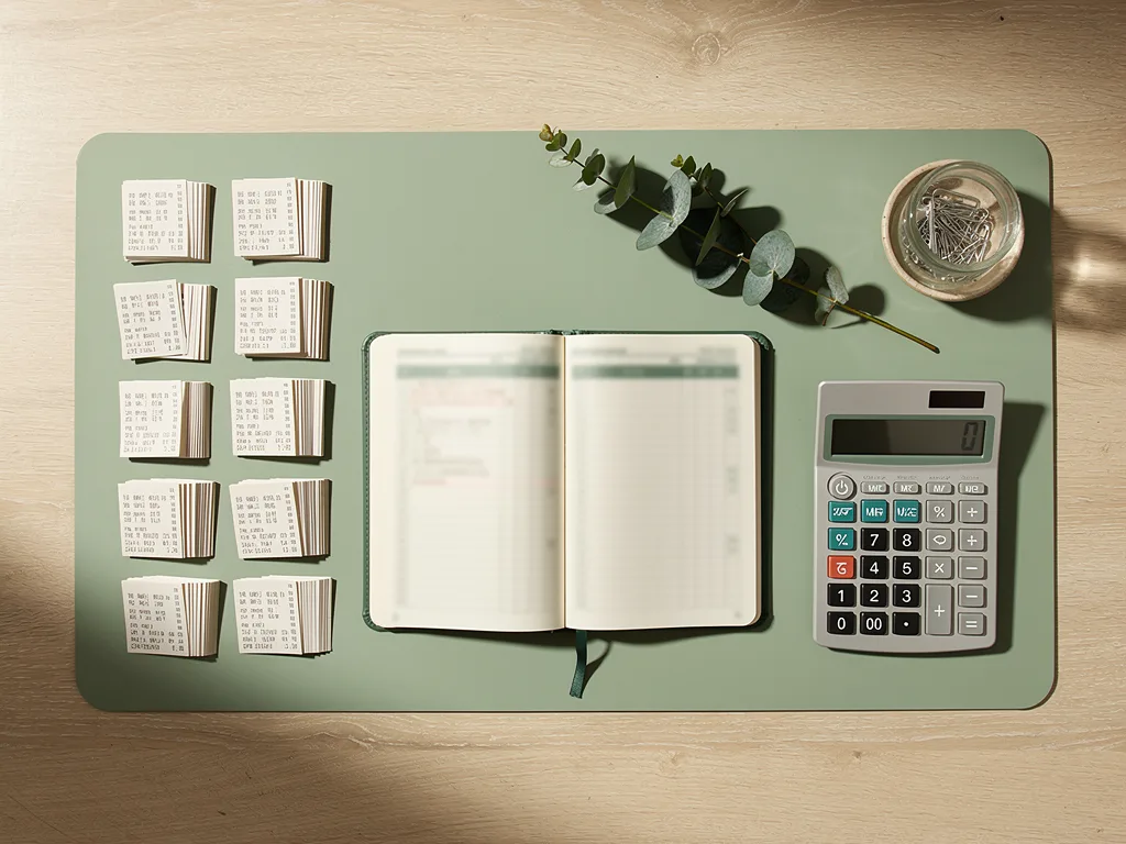 A neatly organized bookkeeping desk seen from above