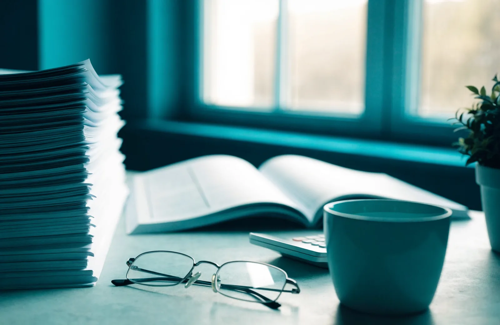 A tidy bookkeeping desk in bright natural light