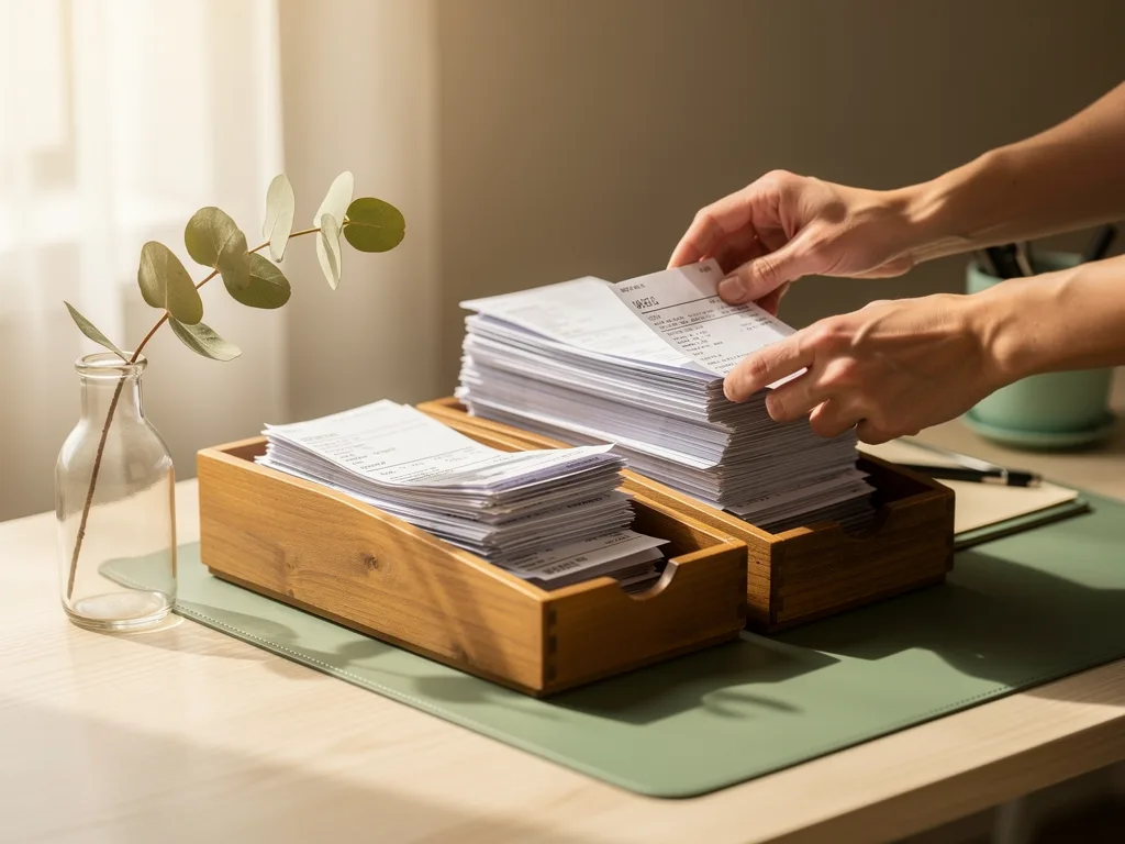Sorting a backlog of receipts into organized trays